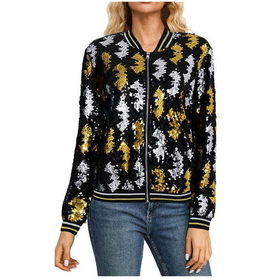 Bomber Jacket Pockets Sequin Women Lightweight Sparkle Long Sleeve Zipper Jackets Crew Neck Loose Casual Outerwear (Black 2XL)