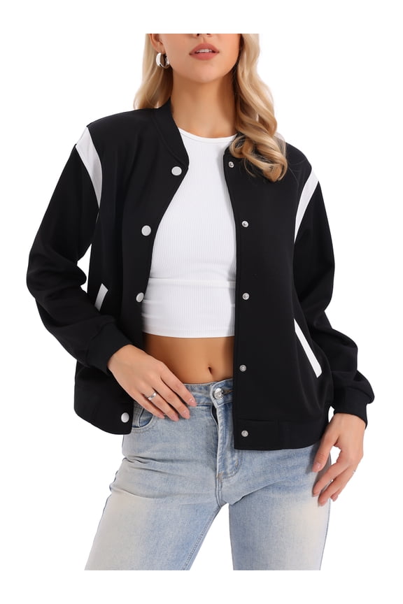 Bomber Jacket Women Casual Button Down Baseball Varsity Jacket School Outfits Fall Coats Fashion Clothes 2025 L Black