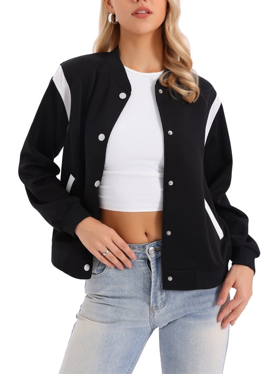 Bomber Jacket Women Casual Button Down Baseball Varsity Jacket School Outfits Fall Coats Fashion Clothes 2025 XL Black