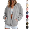 thumbnail image 1 of Bomber Jacket Women Casual Button Down Snap Front Sweatshirt Lightweight Long Sleeve Oversized Fall Jackets with Pockets, 1 of 7