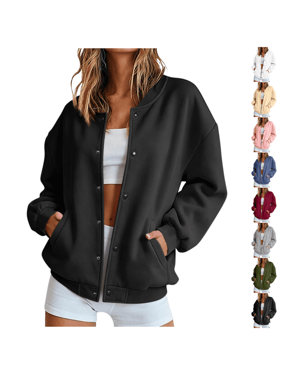 Bomber Jacket Women Casual Button Down Snap Front Sweatshirt Lightweight Long Sleeve Oversized Fall Jackets with Pockets