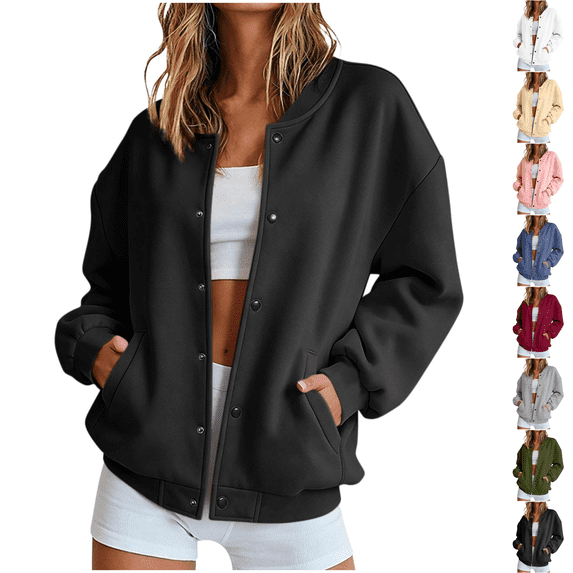 Bomber Jacket Women Casual Button Down Snap Front Sweatshirt Lightweight Long Sleeve Oversized Fall Jackets with Pockets