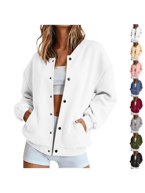 Bomber Jacket Women Casual Button Down Snap Front Sweatshirt Lightweight Long Sleeve Oversized Fall Jackets with Pockets