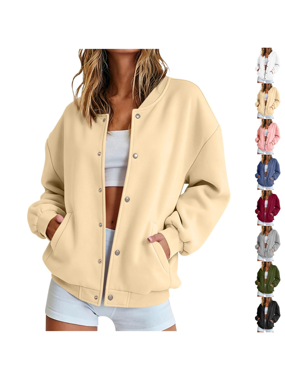 Bomber Jacket Women Casual Button Down Snap Front Sweatshirt Lightweight Long Sleeve Oversized Fall Jackets with Pockets