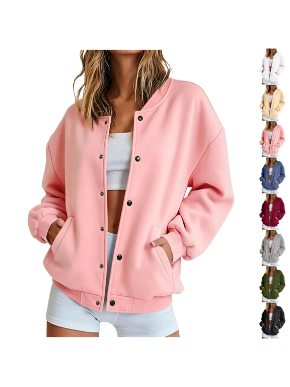 Bomber Jacket Women Casual Button Down Snap Front Sweatshirt Lightweight Long Sleeve Oversized Fall Jackets with Pockets