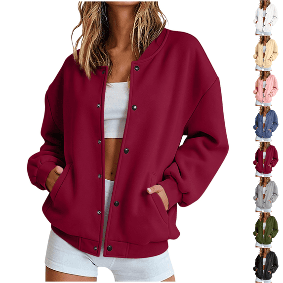 Bomber Jacket Women Casual Button Down Snap Front Sweatshirt Lightweight Long Sleeve Oversized Fall Jackets with Pockets