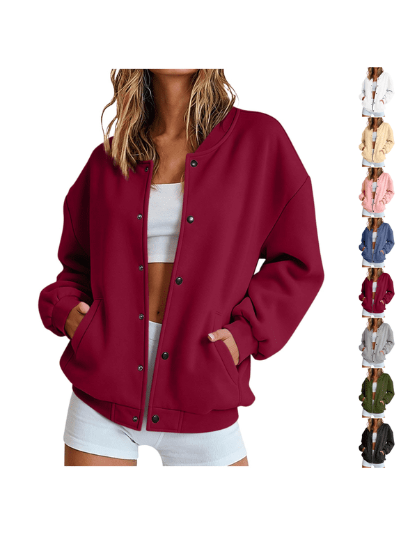Bomber Jacket Women Casual Button Down Snap Front Sweatshirt Lightweight Long Sleeve Oversized Fall Jackets with Pockets