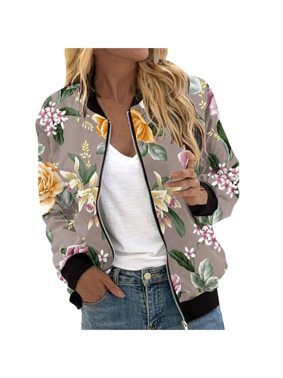Bomber Jacket Women Causal Floral Zip Up Coats Long Sleeve Stand Collar Fall Jackets Lightweight Outerwear Tops