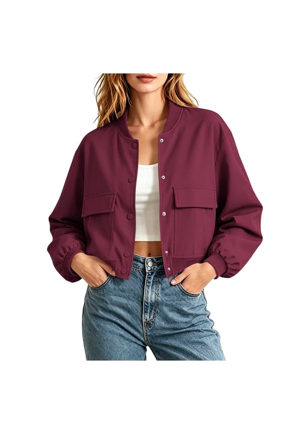 Bomber Jacket Women Cropped Jacket Button Down Long Sleeve Casual Varsity Shackets Jackets with Pockets Fall Baseball Coat