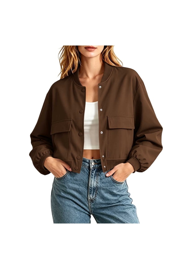 Bomber Jacket Women Cropped Jacket Button Down Long Sleeve Casual Varsity Shackets Jackets with Pockets Fall Baseball Coat