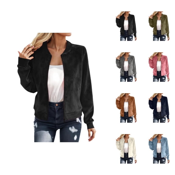 Bomber Jacket Women Fall Lightweight Long Sleeve Casual Faux Suede Zip Up Jackets Coat Outerwear Streetwear