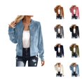 thumbnail image 1 of Bomber Jacket Women Long Sleeve Faux Suede Casual Zip Up Jacket Lightweight Fall Coat Outerwear Streetwear, 1 of 5