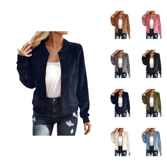 Bomber Jacket Women Long Sleeve Faux Suede Casual Zip Up Jacket Lightweight Fall Coat Outerwear Streetwear