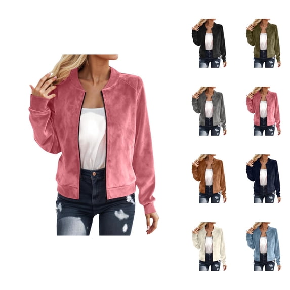 Bomber Jacket Women Fall Lightweight Long Sleeve Casual Faux Suede Zip Up Jackets Coat Outerwear Streetwear