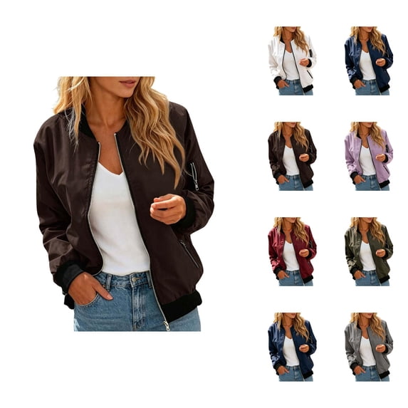 Bomber Jacket Women Fall Lightweight Long Sleeve Relaxed Fit Casual Zip Up Jackets Outerwear with Pockets