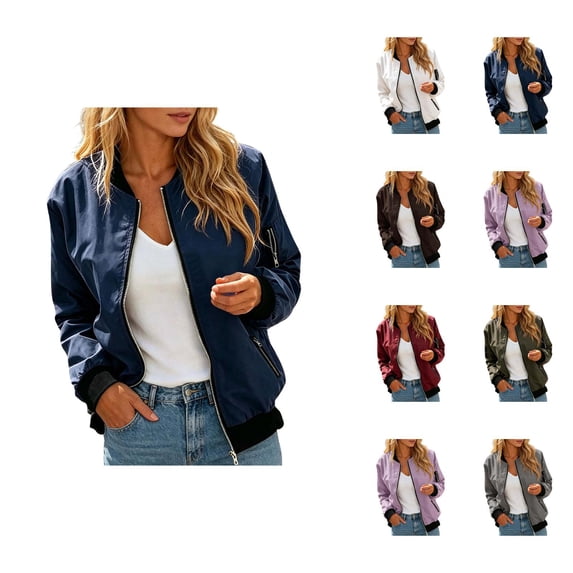 Bomber Jacket Women Fall Lightweight Long Sleeve Relaxed Fit Casual Zip Up Jackets Outerwear with Pockets