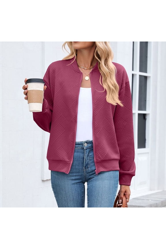 Bomber Jacket Women Fall Winter Casual Solid Color Crew Neck Zip Up Loose Long Sleeve Stand Collar Jacket For Cool Weather Spring Jackets For Women