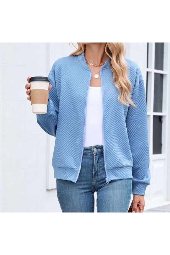 Bomber Jacket Women Fall Winter Casual Solid Color Crew Neck Zip Up Loose Long Sleeve Stand Collar Jacket For Cool Weather Spring Jackets For Women