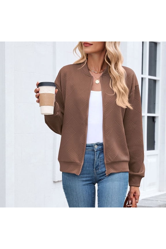 Bomber Jacket Women Fall Winter Casual Solid Color Crew Neck Zip Up Loose Long Sleeve Stand Collar Jacket For Cool Weather Spring Jackets For Women