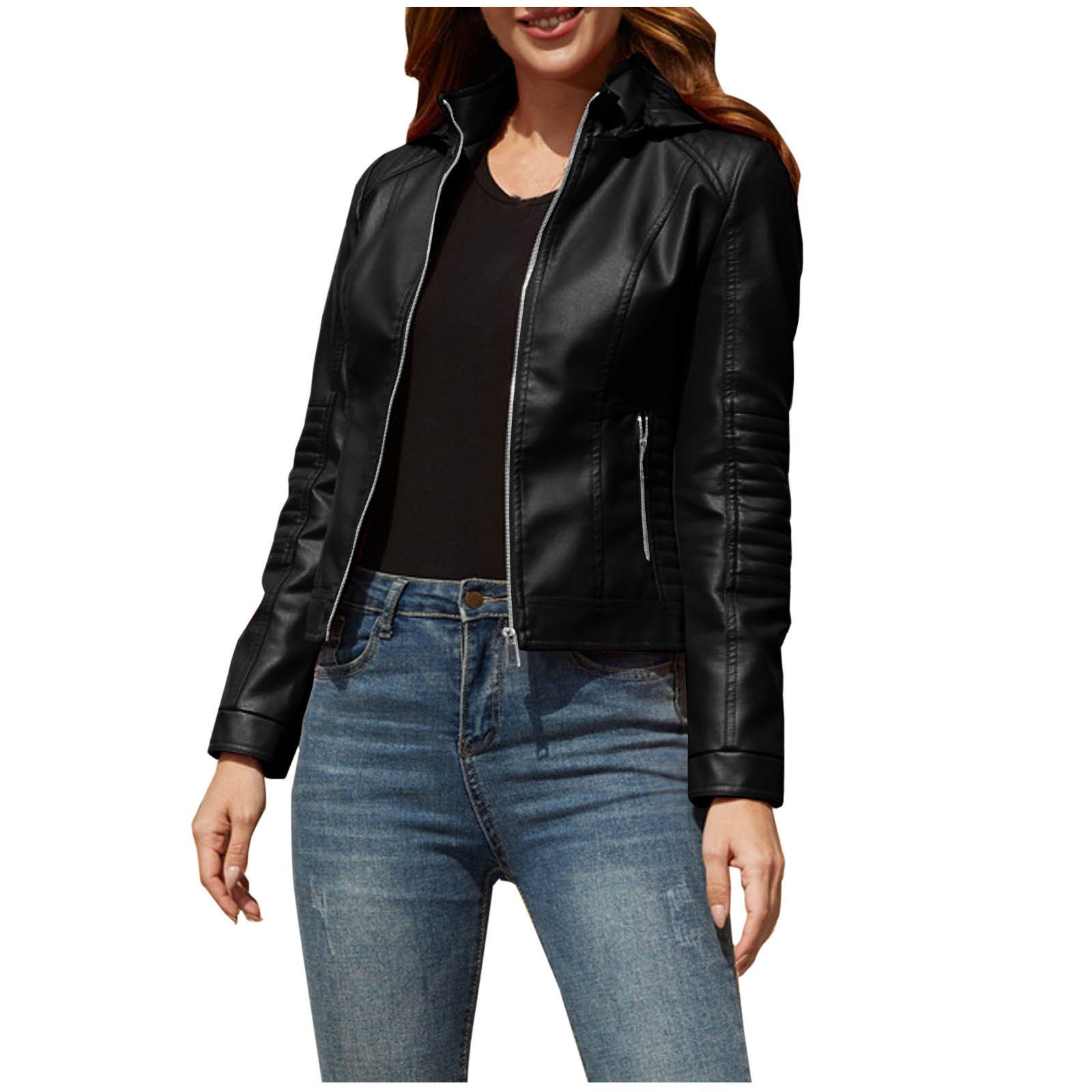 Bomber Jacket Women Faux Leather Bomber Jackets 2023 Fashion Fall Trendy Jacket Zipper Half Neck Long Sleeve Solid Color Cropped Jacket Girls Outerwear Jackets Coats Walmart