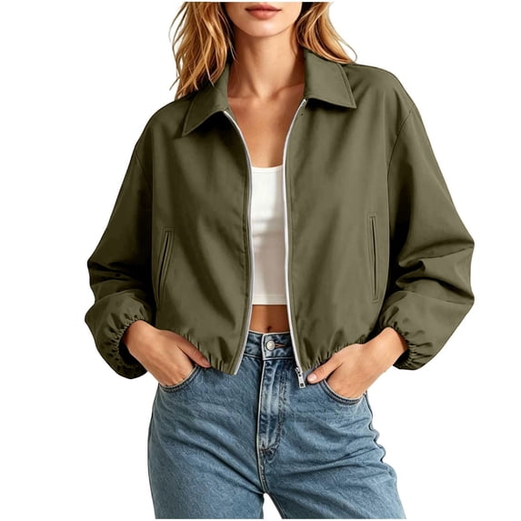 Bomber Jacket Women Lapel Collar Zip Up Crop Windbreaker Jackets Athleisure Going Out Hiking Travel Coats, S