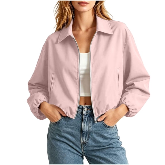 Bomber Jacket Women Lapel Collar Zip Up Crop Windbreaker Jackets Athleisure Going Out Hiking Travel Coats, S