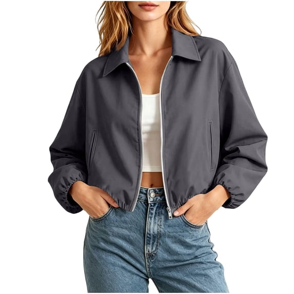 Bomber Jacket Women Lapel Collar Zip Up Crop Windbreaker Jackets Athleisure Going Out Hiking Travel Coats, XS