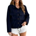 thumbnail image 1 of Bomber Jacket Women Lapel Short Cropped Jacket Women Button Down Long Sleeve Casual Varsity Jackets with Pockets, 1 of 5
