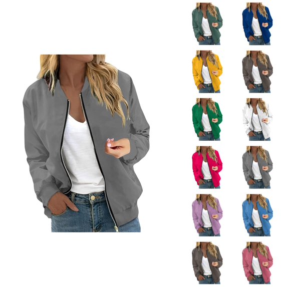Bomber Jacket Women Lightweight Long Sleeve Loose Casual Zip Up Baseball Jackets Fall Coat Outerwear