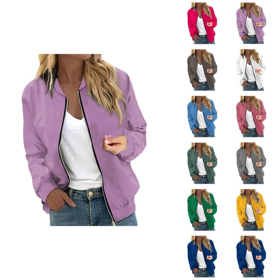 Bomber Jacket Women Long Sleeve Casual Plain Zip Up Jackets with Pockets Lightweight Fall Coat Outerwear