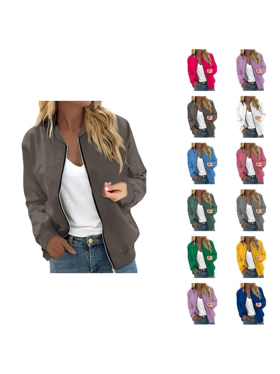 Bomber Jacket Women Long Sleeve Casual Plain Zip Up Jackets with Pockets Lightweight Fall Coat Outerwear