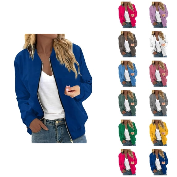 Bomber Jacket Women Long Sleeve Casual Plain Zip Up Jackets with Pockets Lightweight Fall Coat Outerwear