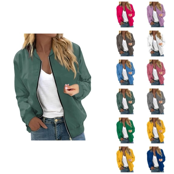 Bomber Jacket Women Long Sleeve Casual Plain Zip Up Jackets with Pockets Lightweight Fall Coat Outerwear