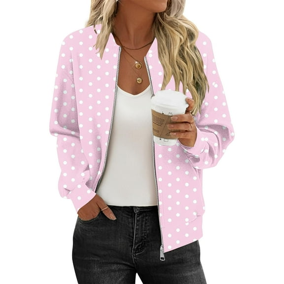 Bomber Jacket Women Sevevn Women's Bomber Jacket Casual Polka Dot Print Long Sleeve Pocket Zipper Sweatshirts Coat
