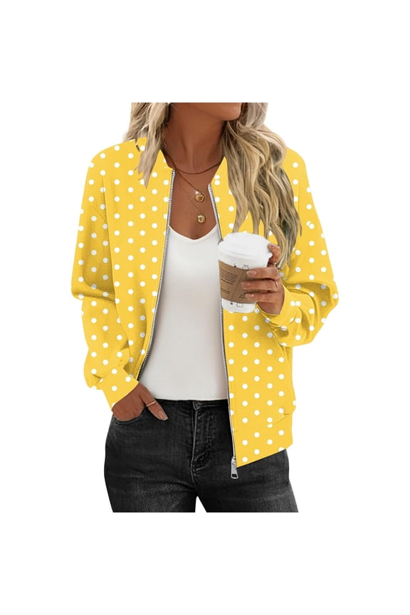Bomber Jacket Women Sevevn Women's Bomber Jacket Casual Polka Dot Print Long Sleeve Pocket Zipper Sweatshirts Coat