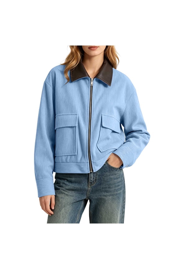 Bomber Jacket Women Spring Fall Winter Lapel Zip Up Pocket Corduroy Patchwork Leather Collar Baseball Jacket For A Textured Casual Look Spring Jackets For Women