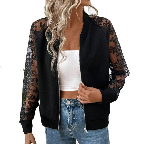 Bomber Jacket Women Varsity Casual Zip Lace Embroidery Long Sleeve Fall Fashion Short Outerwear with Pockets