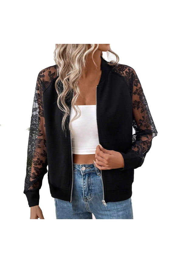 Bomber Jacket Women Varsity Casual Zip Lace Embroidery Long Sleeve Fall Fashion Short Outerwear with Pockets