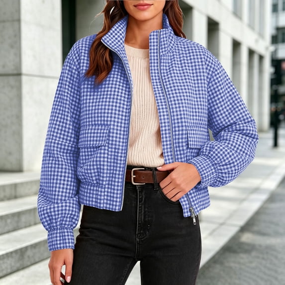 Bomber Jacket Women Womens Plaid Stand Collar Zip Up Coat With Pockets Blue XL
