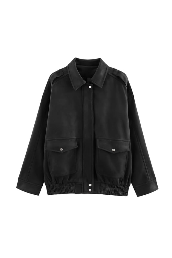 Bomber Jacket Women Wool Blend Cropped Lapel Long Sleeve Zipper Jacket Outerwear with Flap Pockets Fall Winter Casual Office,Black,M
