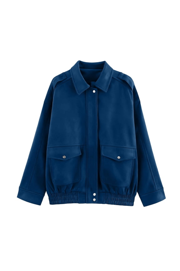 Bomber Jacket Women Wool Blend Cropped Lapel Long Sleeve Zipper Jacket Outerwear with Flap Pockets Fall Winter Casual Office,Blue,S