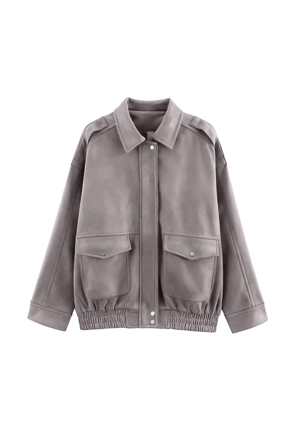 Bomber Jacket Women Wool Blend Cropped Lapel Long Sleeve Zipper Jacket Outerwear with Flap Pockets Fall Winter Casual Office,Gray,XXL