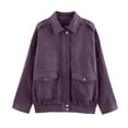 thumbnail image 1 of Bomber Jacket Women Wool Blend Cropped Lapel Long Sleeve Zipper Jacket Outerwear with Flap Pockets Fall Winter Casual Office,Purple,XXL, 1 of 8