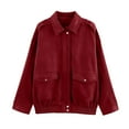 thumbnail image 1 of Bomber Jacket Women Wool Blend Cropped Lapel Long Sleeve Zipper Jacket Outerwear with Flap Pockets Fall Winter Casual Office,Red,S, 1 of 8