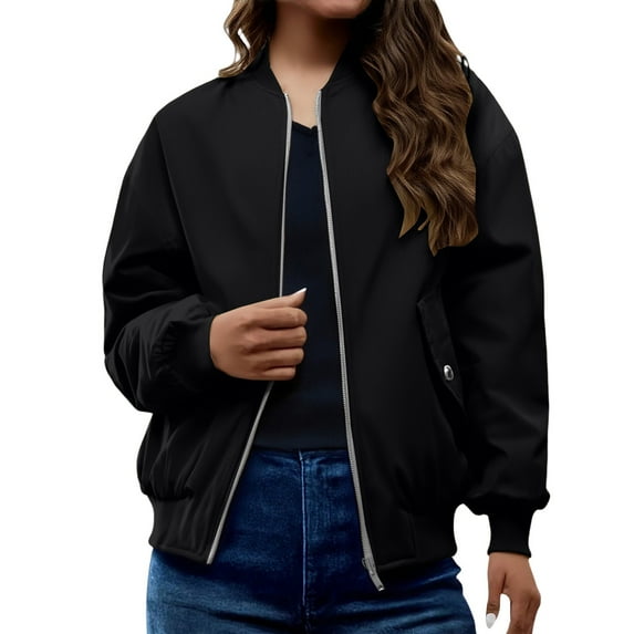 Bomber Jacket Women, Yigetop Women's Solid Color Loose Pocket Stand Collar Zipper Pleated Jacket Padded Jacket Casual Jacket Women Black L