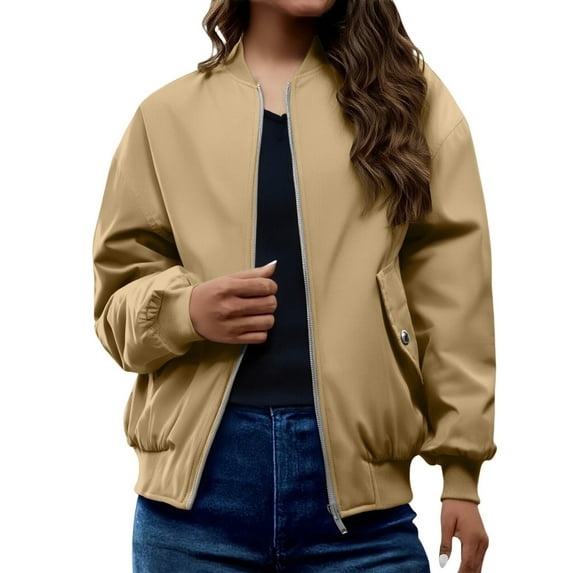 Bomber Jacket Women, Yigetop Women's Solid Color Loose Pocket Stand Collar Zipper Pleated Jacket Padded Jacket Casual Jacket Women Khaki L