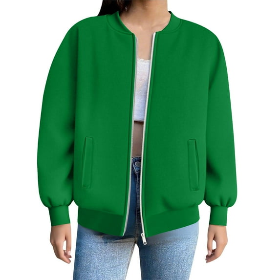 Bomber Jacket Women, Yigetop Womens Oversized Solid Color Sweatshirts Pullover Lapel Women's Loose Casual Hoodie Zipper Pockets Sweatshirts Fall Jackets for Women 2025 Green L