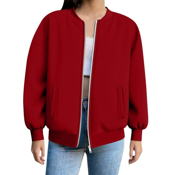Bomber Jacket Women, Yigetop Womens Oversized Solid Color Sweatshirts Pullover Lapel Women's Loose Casual Hoodie Zipper Pockets Sweatshirts Fall Jackets for Women 2025 Red M