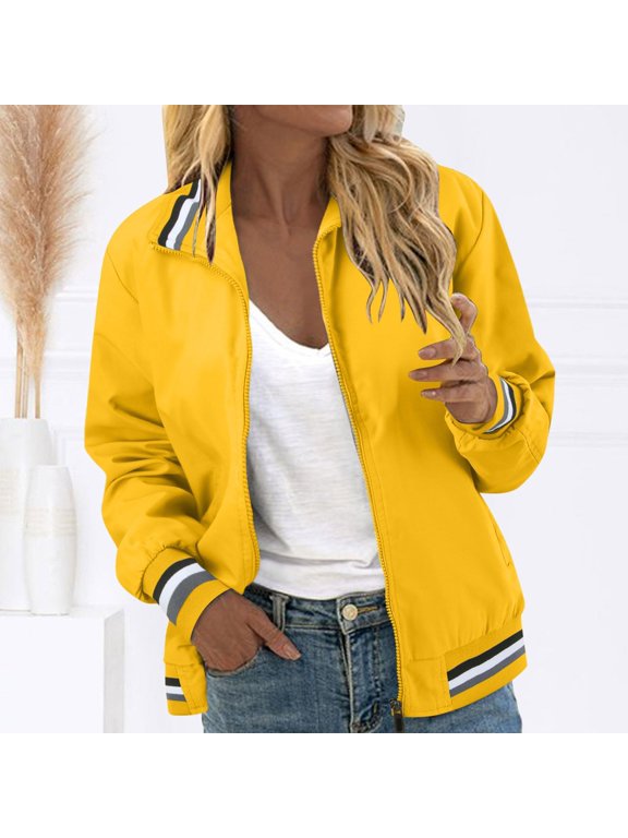 Bomber Jacket Women Zip Up Lapel Collar Windbreaker Jackets Casual Lightweight Long Sleeve Baseball Coats, L