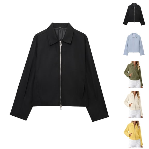 Bomber Jacket for Women 2025 Fall Lightweight Long Sleeve Lapel Collar Zip Up Casual Jackets with Pockets Outerwear
